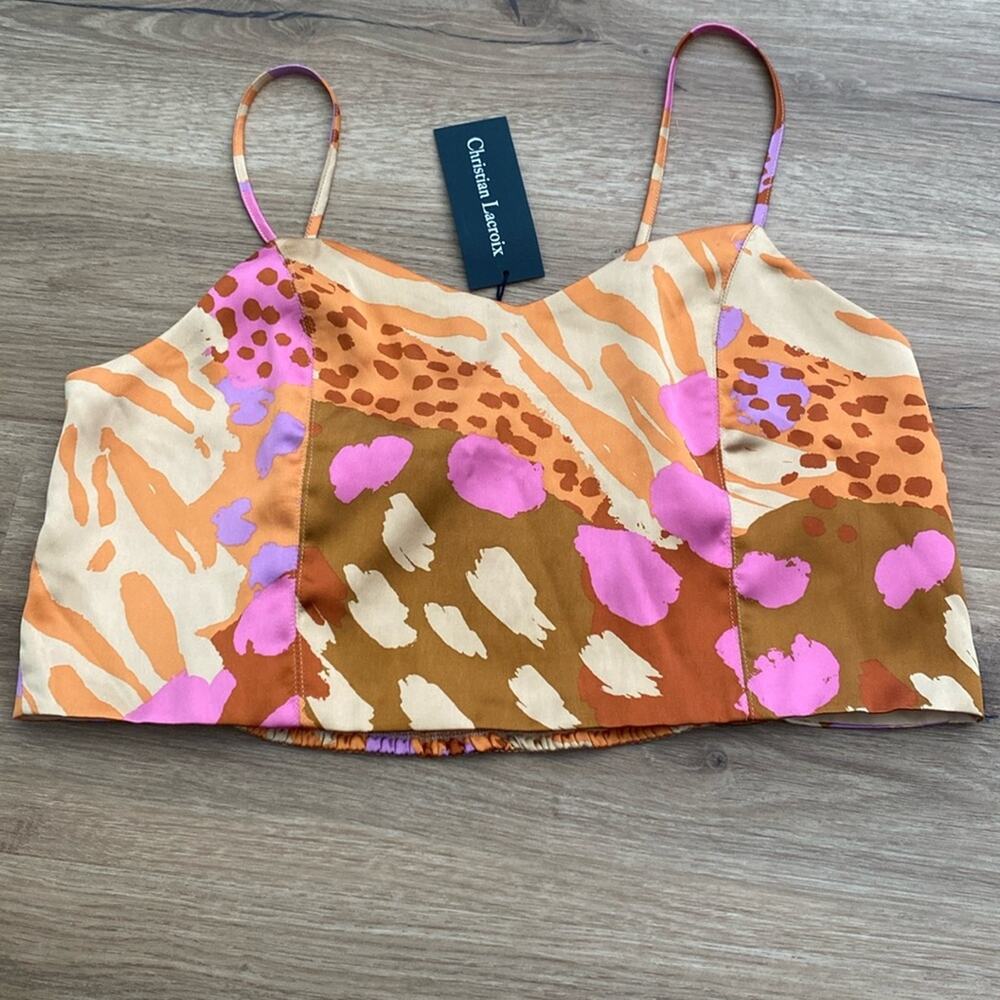 NWT Christian LaCroix Satin Multicolor Animal Print Crop Top Size Large